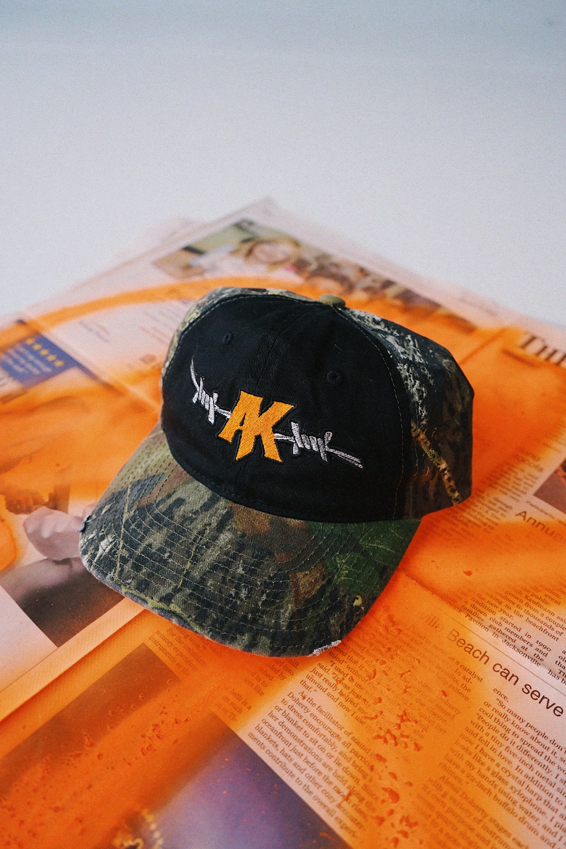 ak renny, camo hat , barbed wire,  Drestressed hat, baseball cap, trucker hat, embroidered, camouflage baseball cap, florida hat, ak hat